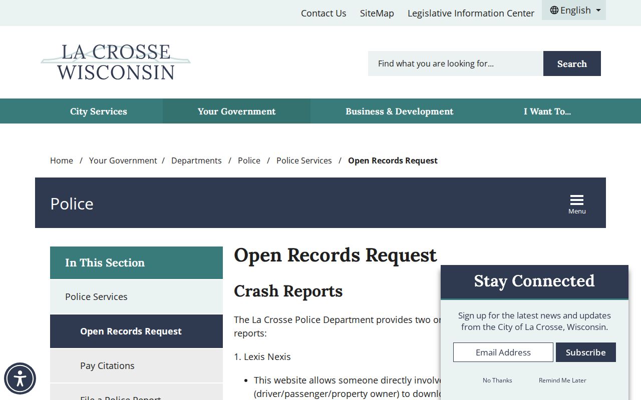 La Crosse Police Department criminal records request page