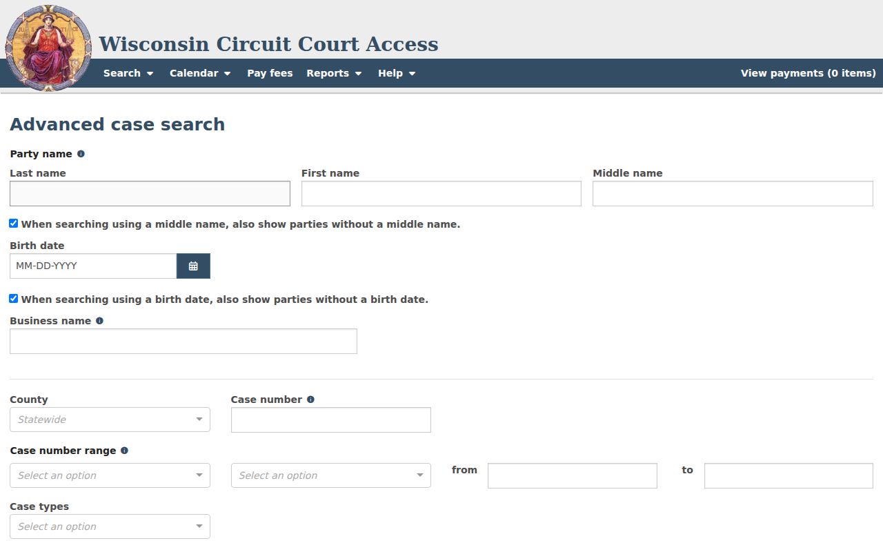 WCCA search form for La Crosse County criminal court cases