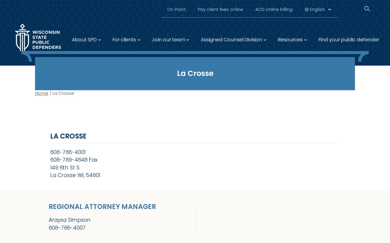 La Crosse County criminal case support through the State Public Defender regional office