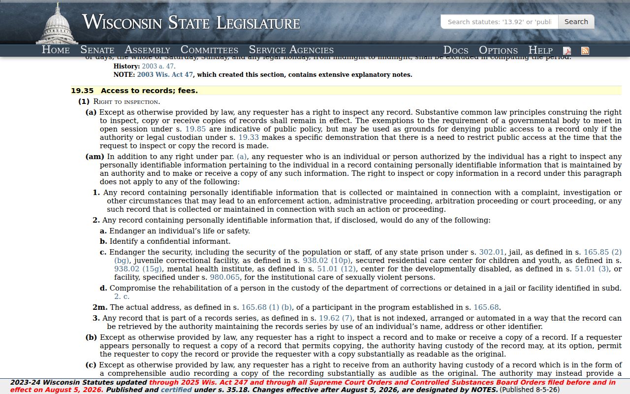 Wisconsin Public Records Law for La Crosse County criminal history requests