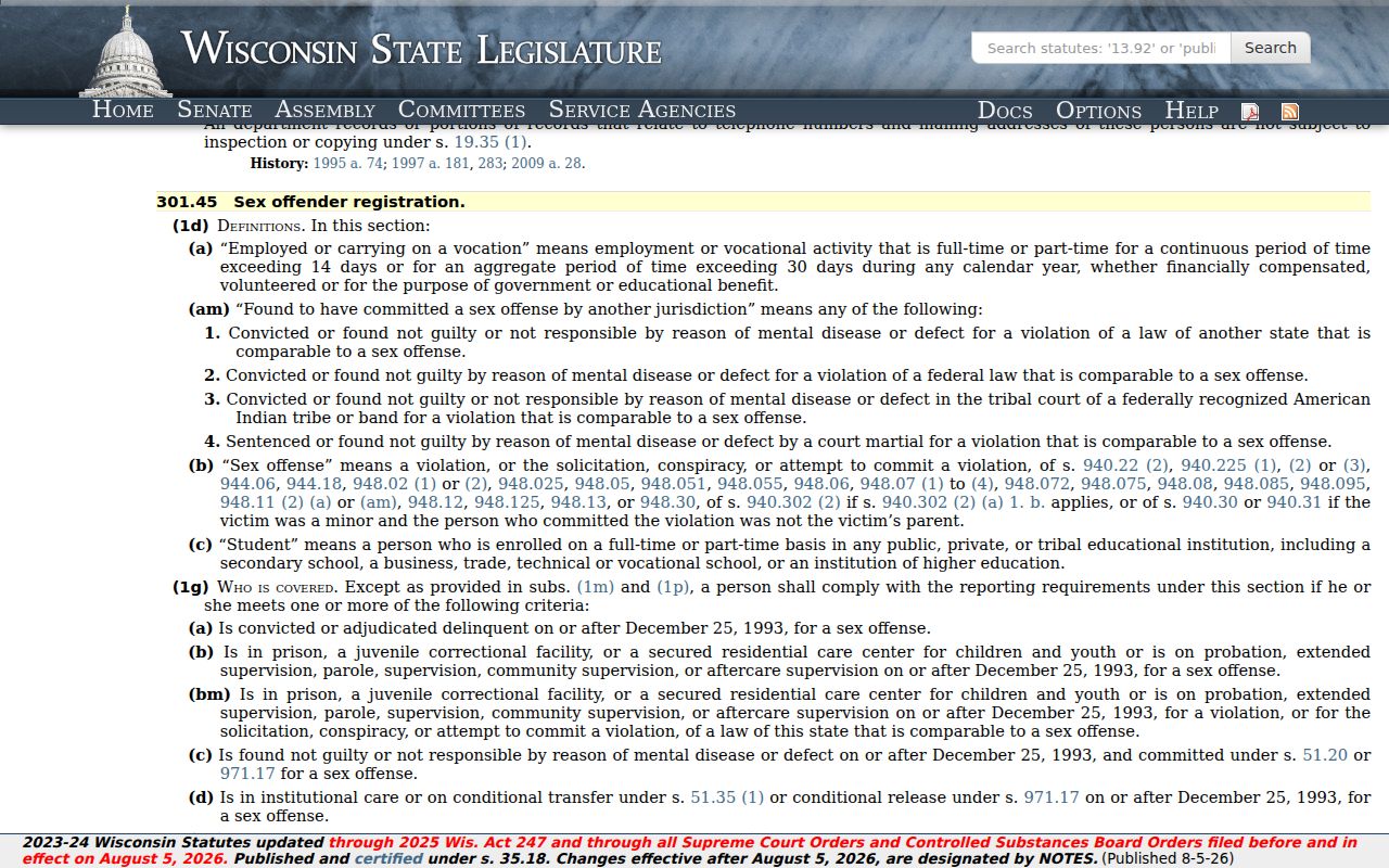 Wisconsin registration law for La Crosse County sex offender records