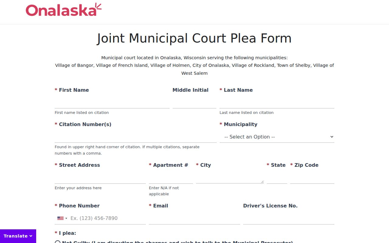 Onalaska municipal criminal citation online plea form